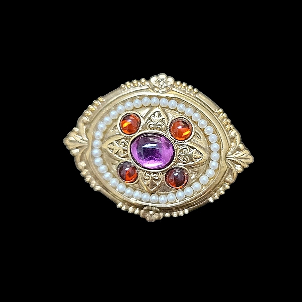 1928 Goldtone Brooch Pin with Faux Pearls, Orange & Purple Cabochons 1.25"x1.75"